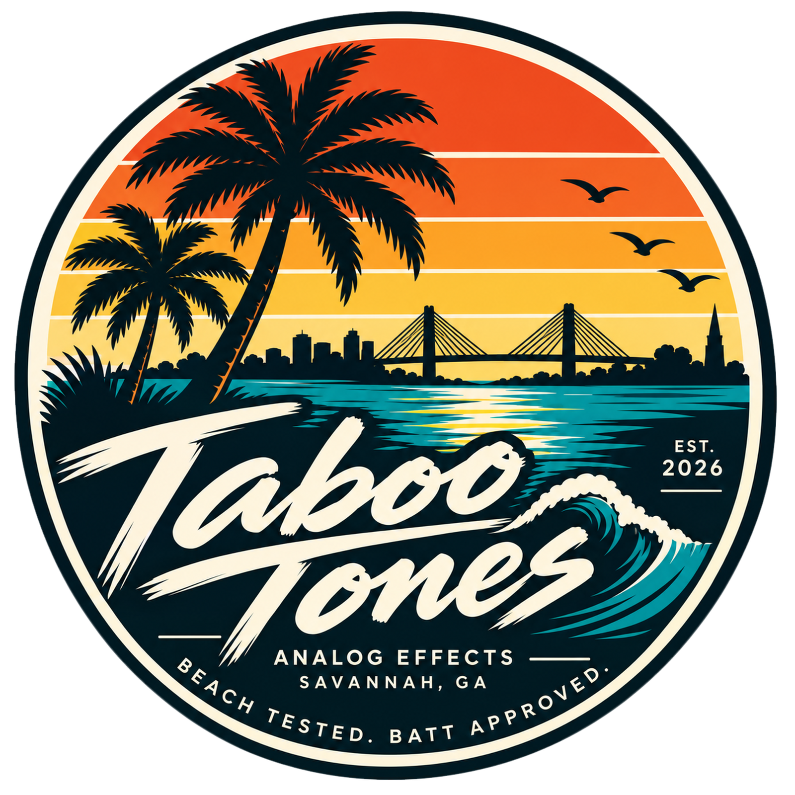 Taboo Tones circular coastal logo with palms, Savannah skyline, bridge and wave